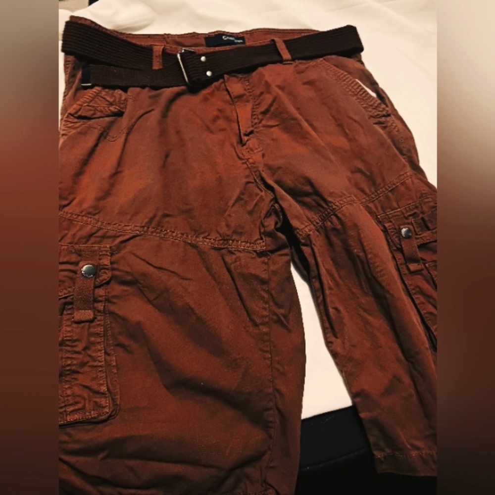 Men's Fried Denim Rust/Red Cargo Shorts w/Belt 36